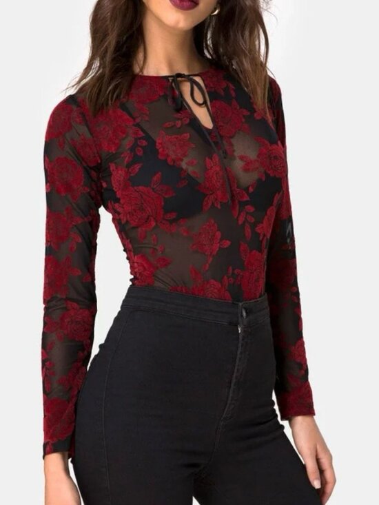 Motel Rocks Tops - Motel Rocks Red Rose Flocked Mesh Bodysuit Size S NWT